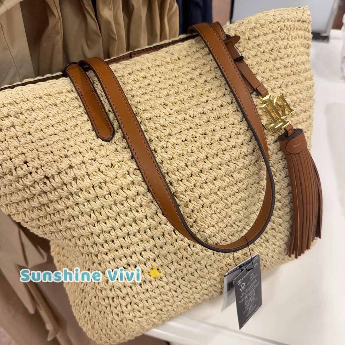 NWT Lauren RALPH LAUREN Crochet-Straw Medium Whitney Tote Natural
