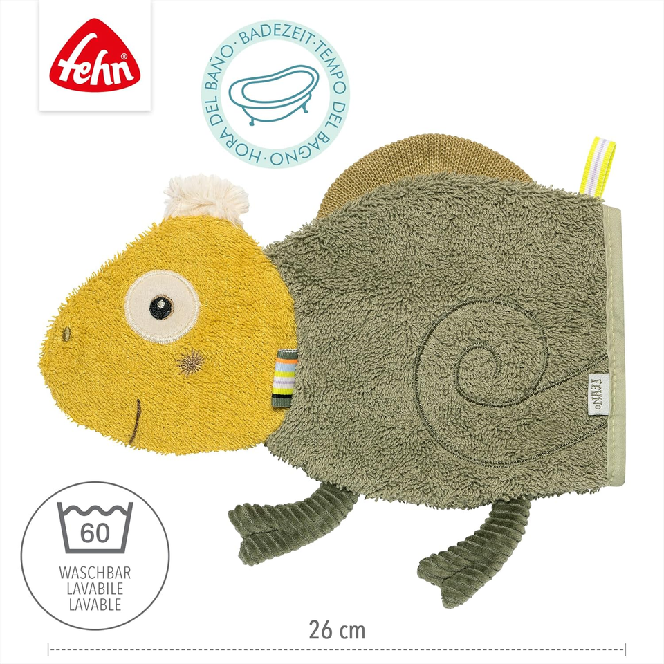 Fehn Guanto da bagno a forma di bradipo, panno spugna con figure di animali per divertirsi durante il bagnetto, assorbente e morbido, per neonati e bambini da 0 mesi