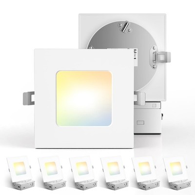 6 Pack 4 Inch Ultra-Thin LED Square Recessed Light with Junction Box, 5CCT 27...