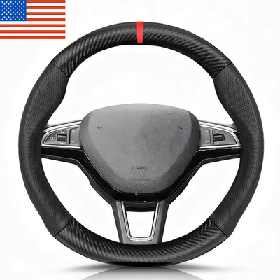 For Renault Carbon Fiber Steering Wheel Cover Wear-Resistant w/ Red Stripe Trim
