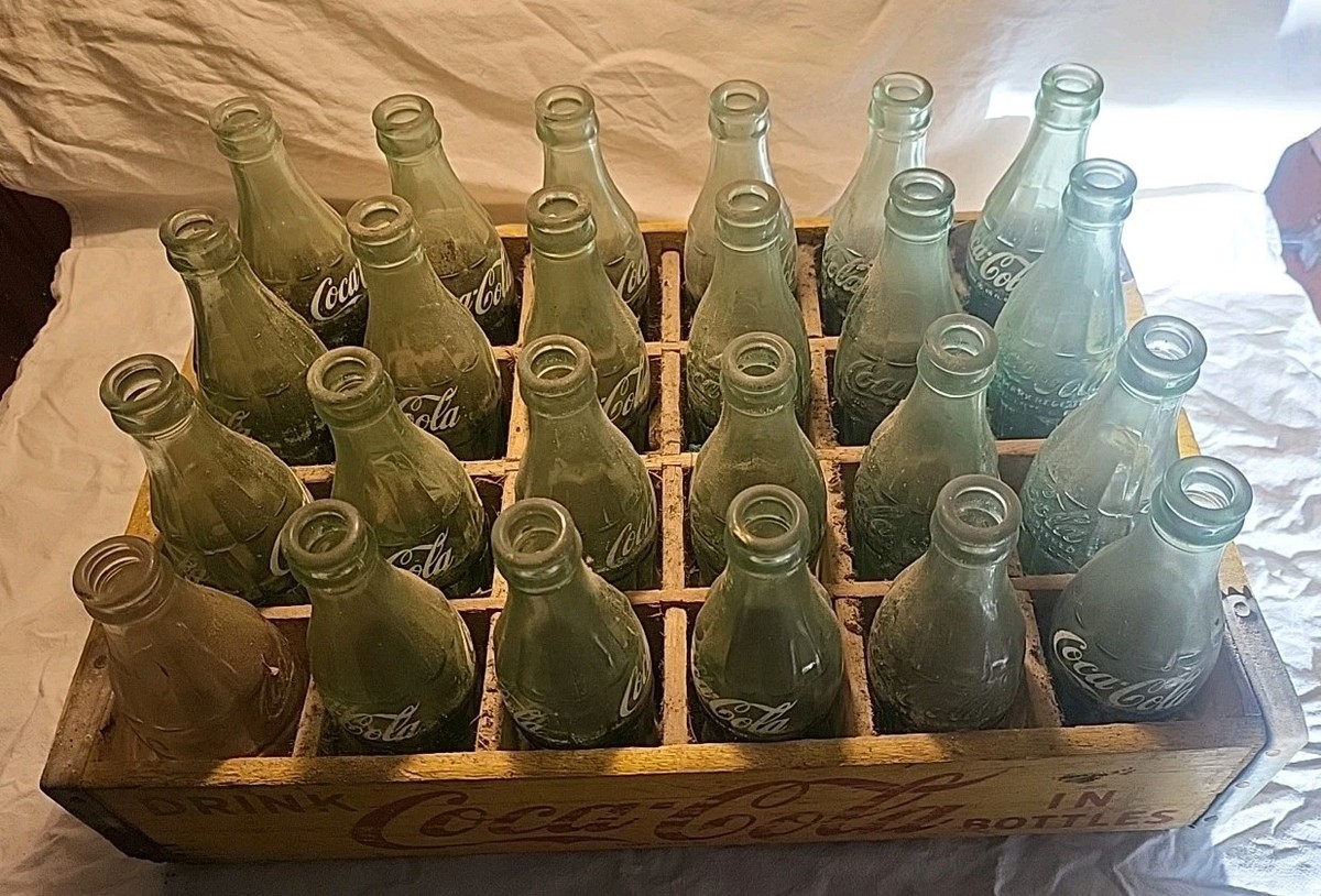 Vintage Coca-Cola Yellow Wood Crate with 24 Vintage Coca-Cola
