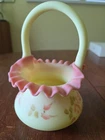 Fenton Signed Hand-painted Burmese Yellow Pink Satin Basket Rosebud Wild Rose