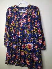 Old Navy Dress Women S Long Sleeve V-Neck Floral Pattern Blue Colorful