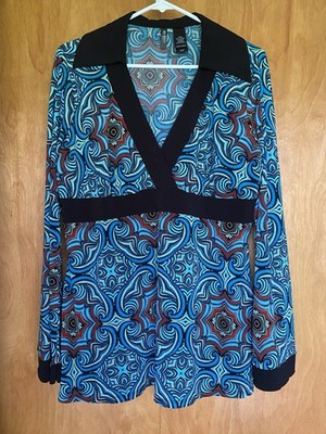 Y2K Bell Sleeve Blouse Women's Sz XL Bisou Bisou Blue Groovy Retro Boho Hippie