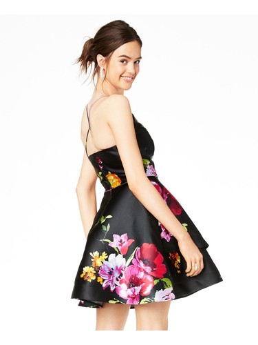 BCX Womens Black Floral Spaghetti Strap V Neck Mini Party Fit + Flare Dress 3 - Picture 6 of 11