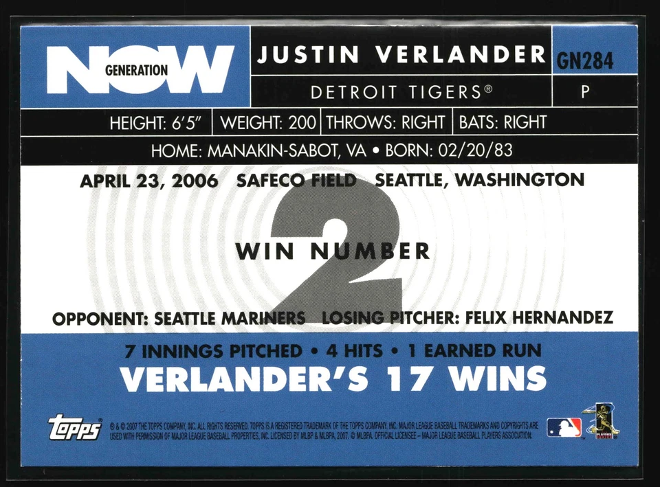 2007 Topps - Generation Now - #GN284 Justin Verlander - Detroit Tigers - Image 2 of 2