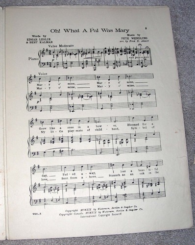 1919 OH WHAT A PAL WAS MARY Sheet Music by Wendling, Leslie, Kalmar BARBELLE - Picture 2 of 2