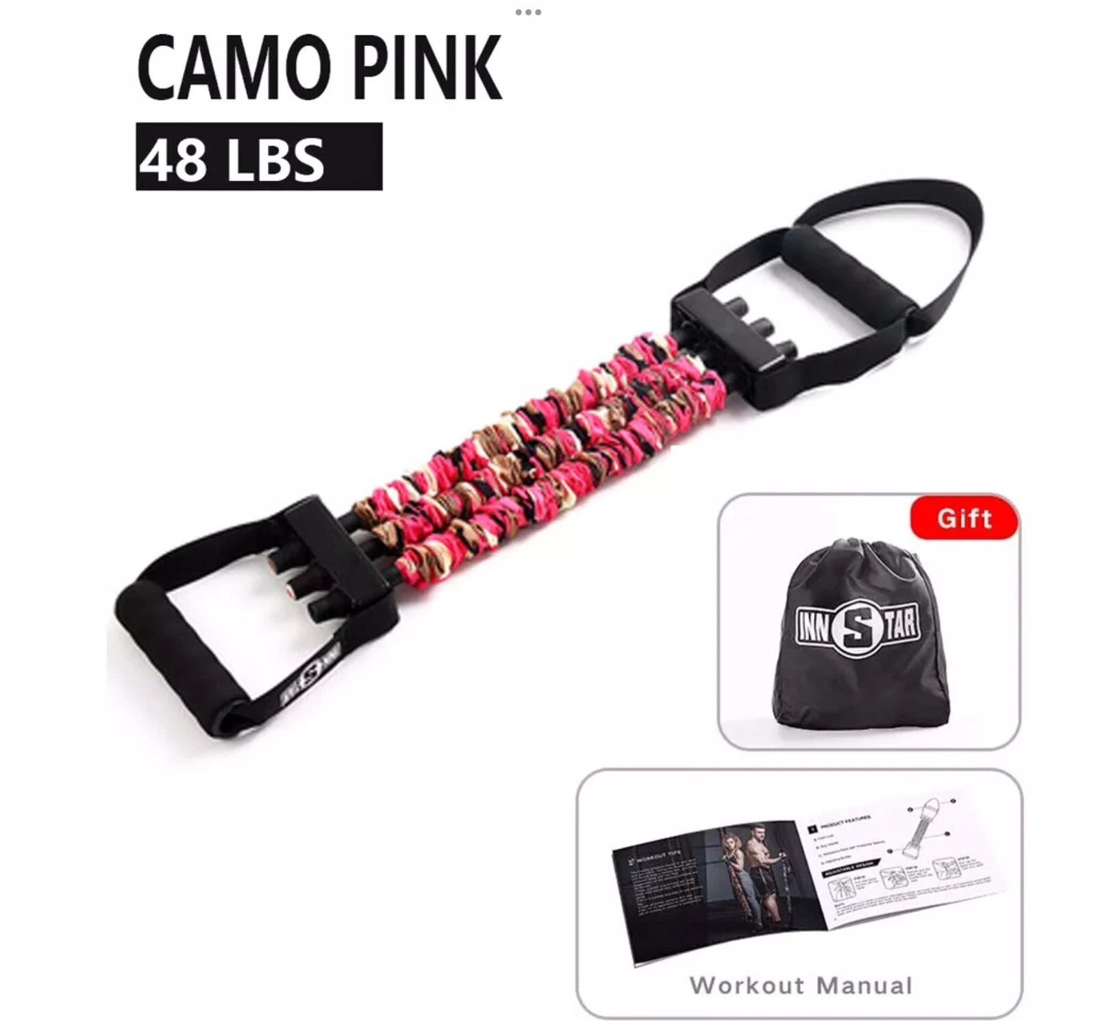Innstar 24KG Chest Expander 3 Ropes Resistance Bands Camo Pink 4 Female Beginner