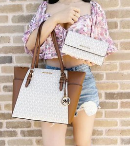 Michael Kors Charlotte Top Zip Tote Vanilla MK Signature + Large Trifold Wallet - Click1Get2 Coupon&set=par&set=par1&set=par1