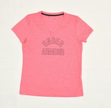 Under Armour Women T Shirt V Neck Loose Heatgear Striped Polyester Pink Size M