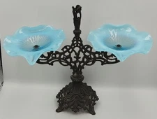 Victorian Blue Opalescent Glass ruffled Bowls Stand Centerpiece Missing Epergne 