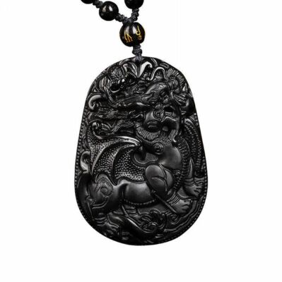 Natural Black obsidian crystal flying PIXIU Necklace pendant bead with chain