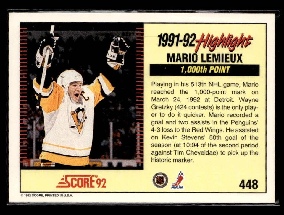 1992-93 Score Mario Lemieux #448 - Image 2 of 2