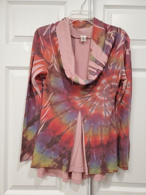 #ad Boho Tie Die Women Medium Poly Spandex Blend Long Sleeves Cowl Neck On Top Brand $15.00