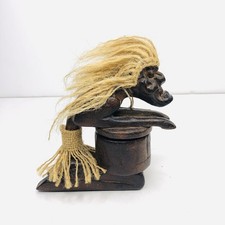 Primitive Tiki Tribal Man playing Drum Trinket Box Hand Carved Wooden Statue 5"