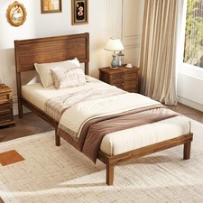 King Size Platform Bed Frame Solid Acacia Wood with Headboard in Walnut Finish