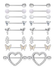 8 Pairs Nipple Rings 14G Stainless Steel Nipplerings CZ Heart Butterfly Ball ...