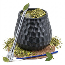 Mate Becher Tee Set Cebador Schwarz Keramik 400 ml Kalebasse Bombilla Mercedes