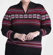 CJ Banks Size 2X Black Fair Isle print sweater, zip mock neck, long sleeve NWT