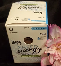 Leggs Sheer Energy Pantyhose 2 Pair SUNTAN  Control Top QUEEN NEW