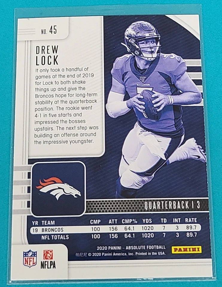 2020 Panini Absolute Yellow #45 Drew Lock Denver Broncos Football Card T3 - Image 2 of 2