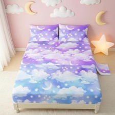 Cartoon Cloud Kids Sheet Set Twin Size,Moon Stars Print Bedding Set Lightweig...