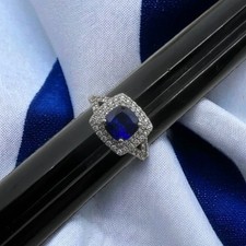Sterling Silver 925 Simulated Blue Sapphire Halo Ring Art Deco Style Size 6.75