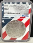 1996 $1 AMERICAN SILVER EAGLE NGC MS69 USA FLAG CORE HOLDER