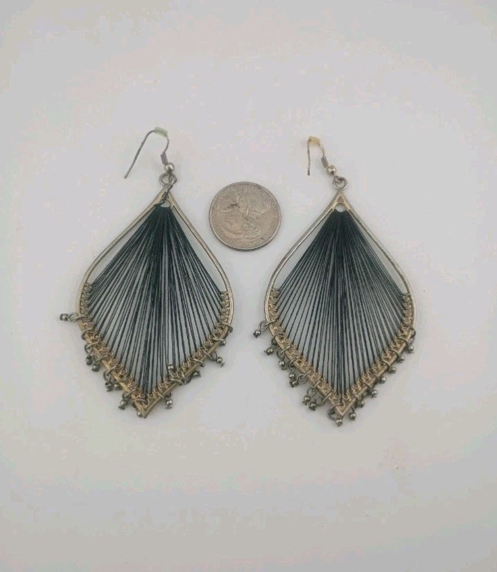 Brass Thread Leaf Dangle Drop Earrings Boho Black… - image 9