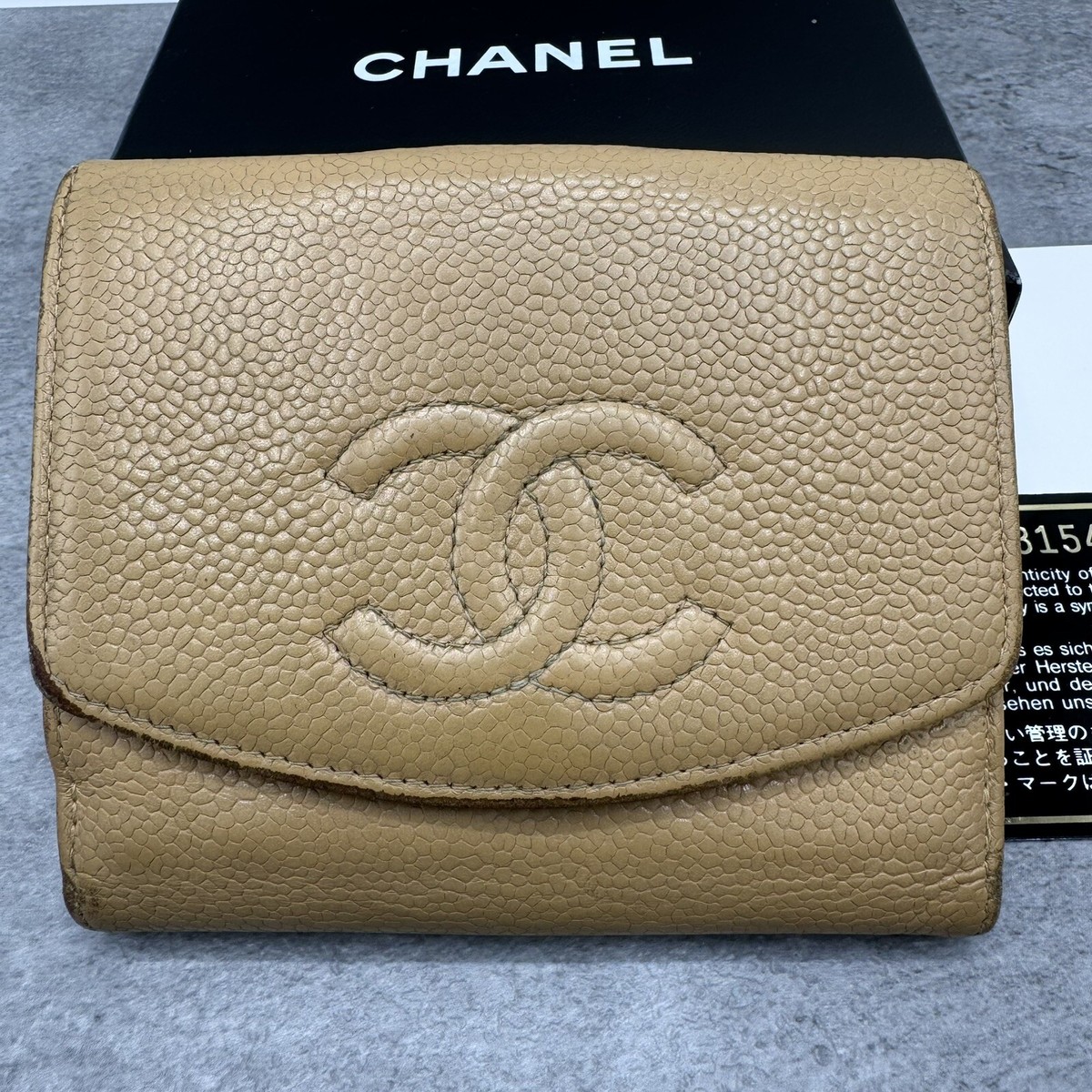 CHANEL Caviar Skin CC Logo Bi fold Leather Compact Wallet Beige 