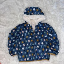Hanna Andersson Kids Blue Star Print Hooded Puffer Jacket Fur Lined 110/ US 5