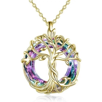 Golden Classic Life Tree Colorful Circle Pendant Necklace Charm Jewelry Gift New