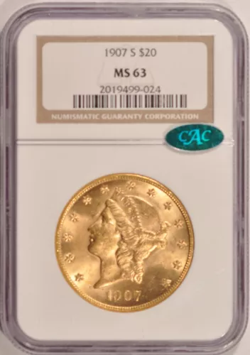 1907-S $20 Liberty Gold Double Eagle NGC MS-63 CAC Approved SF Mint