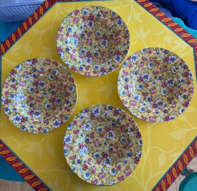 4 Queens QE19 Sophie Chintz style 8.5  Rimmed Bowls Yellow Flora Fine Bone China