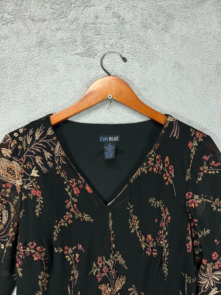 EVA BLUE Dress Womens 8 Dresses Black Floral Beaded Dress Chiffon Ruffle Flounce - Image 2 of 4