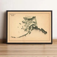 Alaska Map, Alaska 2D Relief Map, Alaska Vintage Map - 2D Flat Print