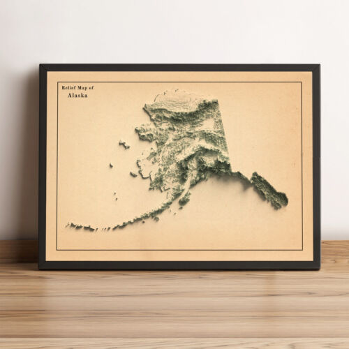 Mapa de Alaska, mapa de alivio 2D de Alaska, mapa vintage de Alaska - estampado plano 2D - Imagen 1 de 8