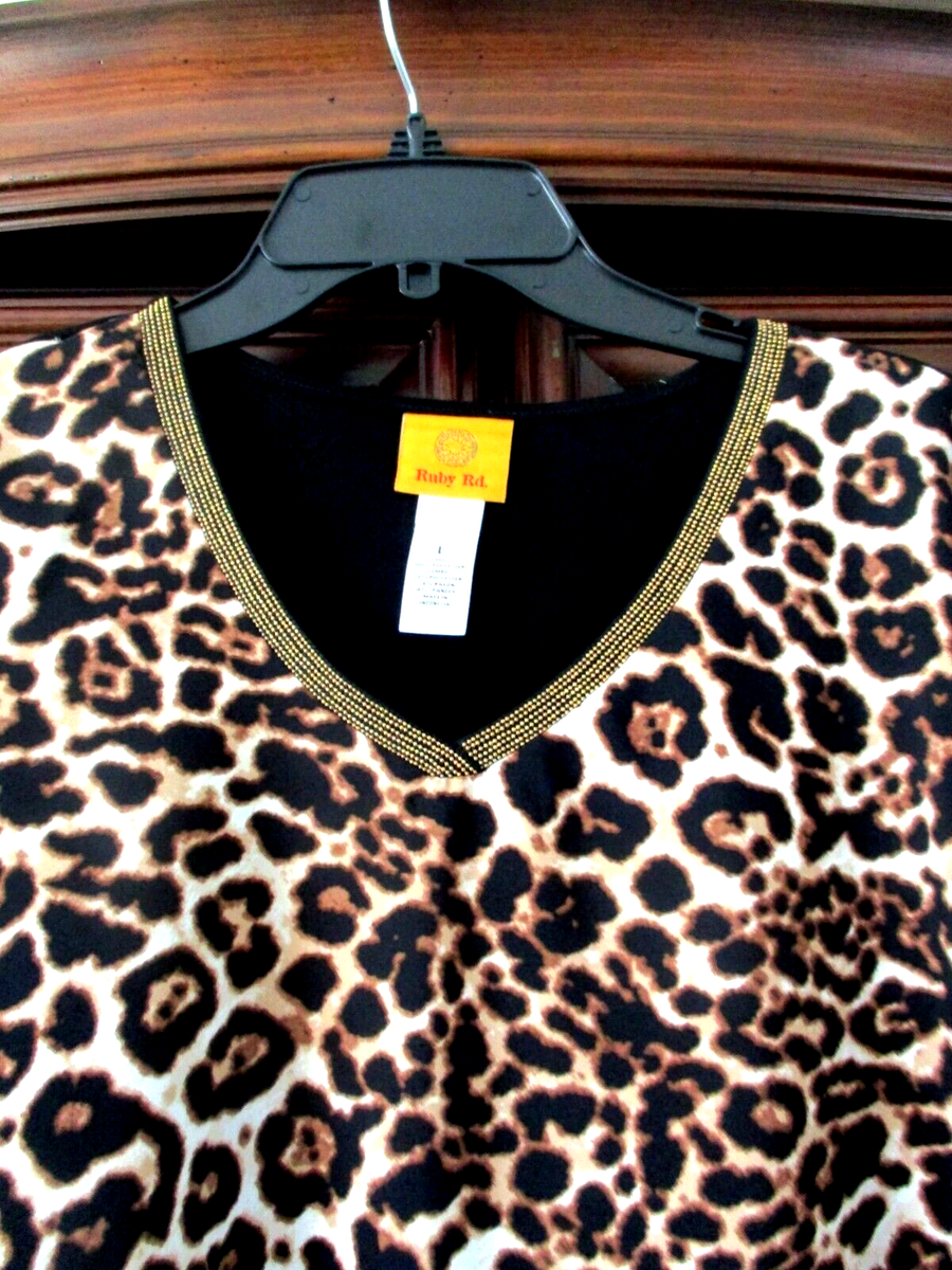 Ruby Rd Black Leopard Print Beaded V-Neck 3/4 Sleeve Blouse Top
