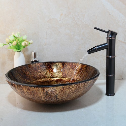 Bathroom Tempered Glass Vessel Sink Round Bowl Waterfall Spout Mixer Faucet Tap - Picture 6 of 12