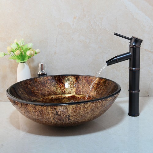 Hand Paint Round Tempered Glass Wash Basin Black Faucet Pop Up Drain Combo