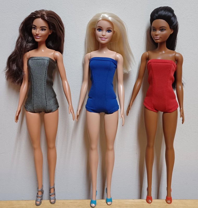 Barbie 11 1/2" Doll Clothing 3 strapless swimsuits Silver, Royal Blue, Red