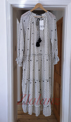 Zara langes Oversize Plumetis Kleid M voluminös Quaste ecru schwarz Tunika neu mit Etikett
