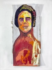 Original Outsider Cardboard Art Naive Primitive Tall Woman Portrait Painting