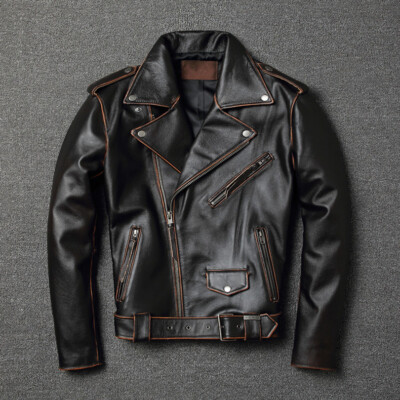 Spring Leather Jacket Men's Short Lapel Retro Cowhide Motorcycle