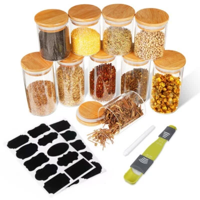 LIFELOOK 10pcs/set Kitchen Spice Jars Storage Bottle Glass Airtight Container Bamboo Lid
