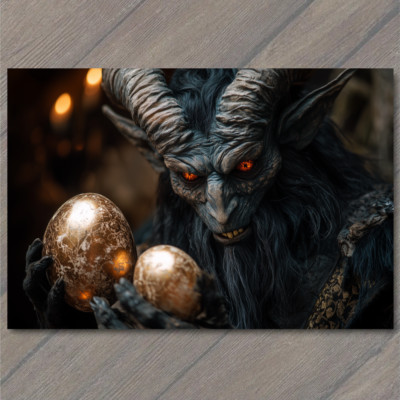 Art Print Krampus Holding Golden Eggs Gothic Dark Fantasy Easter Horror Creepy