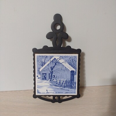Courier & Ives Cast Iron Ceramic Tile Trivet ''The Old Homestead in Winter'' VTG