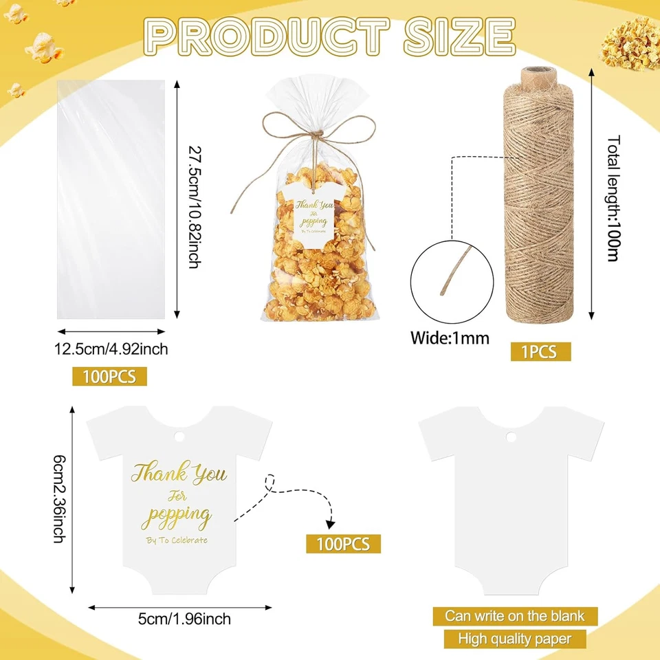 Juego de 100 bolsas transparentes para palomitas de maíz etiquetas de agradecimiento de papel para baby shower de 1,97 X 2,36 pulgadas Foto 2 de 4