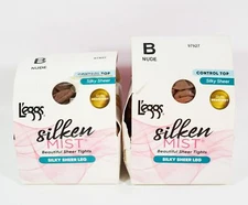 2 L'eggs Silken Mist Control Top Silky Sheer Leg Pantyhose NUDE Size B