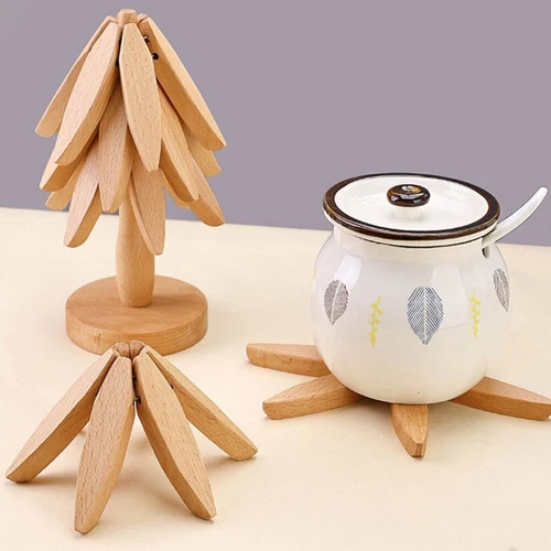 Tree Shape Wooden Trivets for Hot Dishes Pot Teapot - 3 Wooden Trivet + 1 Stand - Picture 7 of 12
